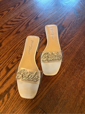 Betsey Johnson White Clear Slide Mules with Gold 'Bride' Script